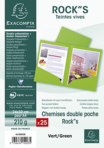 Exacompta 415003E - Lote de 25 Subcarpetas Dobles RockS 220 con Solapas Inferiores, Color Verde