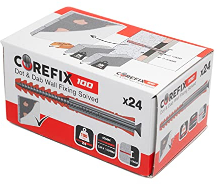 Corefix 100mm Heavy Duty Dot & Dab Wall Fixings - Plasterboard Over Blockwork Wall Plugs & Screws - For TVs, Radiators, Shelving & more - Holds 100kg on 4 fixtures - Reinforced Steel Core – Box of 24