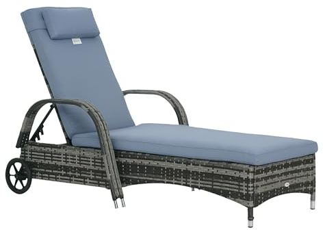 Outsunny Rattan Sun Lounger, Garden Lounger Recliner with Wheels and Adjustable Backrest, Outdoor Reclining Sunbed Garden Chair with Cushion and Headrest for Patio, Beach, Terrace, Grey