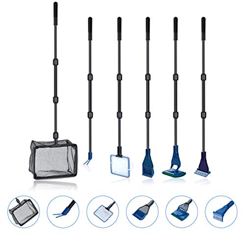 Songway Aquarium Reinigung Kit, 6 in 1 Aquarium Reinigung Werkzeug Set Fischnetz + Kiesrechen + Algenschaber + Float Gabel + Schwamm + Löffelnetz für Fisch Reef Plant Glas