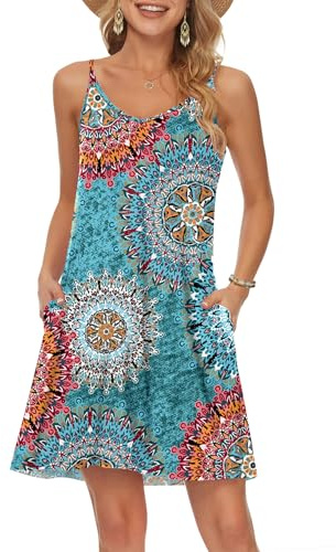 MISFAY Beach Dress for Women Summer Casual Swing Dress V Neck Spaghetti Strap Mini Dress Beach Cover Up with Pockets Print Green L