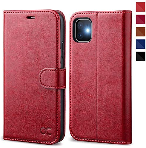 OCASE for iPhone 11 Case, PU Leather Wallet, Red | Magnetic Flip Folio Cover with Card Holders, Shockproof TPU, and Kickstand for 6.1 Inch iPhone 11