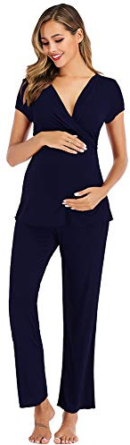 rismart Due Pezzi Pigiama Premaman Donna Camicia da Notte Allattamento Maniche Corte Magliette e Pantaloni Set (Blu,S)