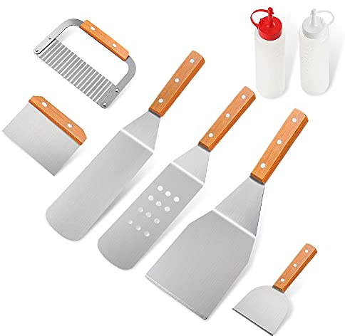 Set di Spatole e Raschietto per Teppanyaki e Barbecue, 8 Pezzi, Manico in Legno, Set Accessori Barbecue in Acciaio Inox, per Griglia Cucina da Campeggio, Barbecue all'aperto, Feste in Cortile