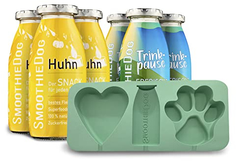 SmoothieDog Eisform aus Silikon + 3xHuhn und 3X Trinkpause(Ente) je 250ml Hundesmoothie- Backform, Hundekuchen backen, Hundeeis selber Machen- BPA-frei, Eisform, Herzform, Pfotenform