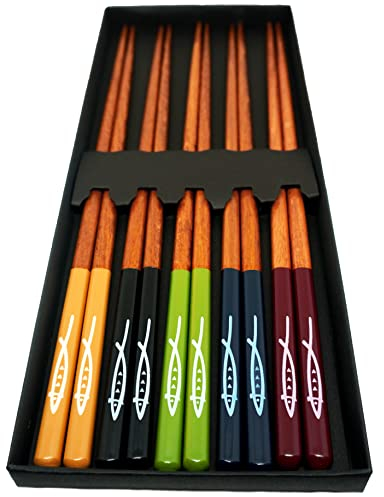 SASIA - 5 Paare | Holz Essstäbchen | Wiederverwendbar und Spülmaschinenfest | Bunt und Nachhaltig