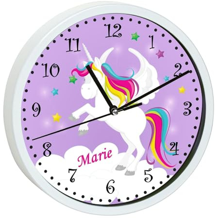 CreaDesign, Wanduhr für Kinderzimmer Einhorn lila, Kinderuhr weiß mit Quarz Uhrwerk, personalisiert mit Name, Durchmesser 19,5 cm