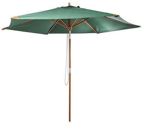 habeig Sonnenschirm 300 cm aus Holz mit UV 50+ und Ledertaschen an den Enden 3m mit 6 Rippen in Grau oder Grün