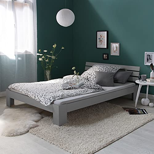 Homestyle4u Bett 140x200 mit Matratze und Lattenrost Holzbett Doppelbett Bett Grau Holz Kiefer Bettgestell Futonbett, 2265