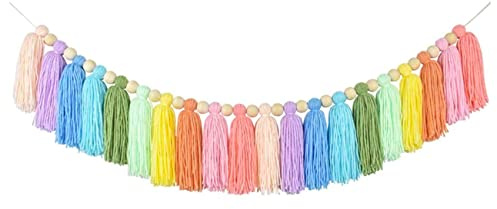 POOSR 37 Pastell Regenbogen Quaste Girlande mit Perle Tapisserie für Schlafzimmer Klassenzimmer Kinderzimmer Dekor