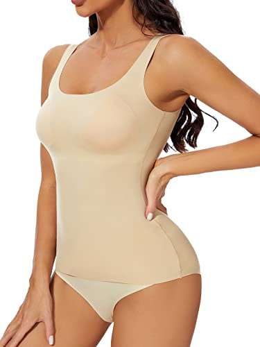 SLIMBELLE Camisola de Compresión Mujer Camisetas Moldeadoras Reductoras Chaleco Lencería Control de Barriga Interior Sin Costuras Shapewear Modal Tank Top con Sujetado desmontable Beige XL
