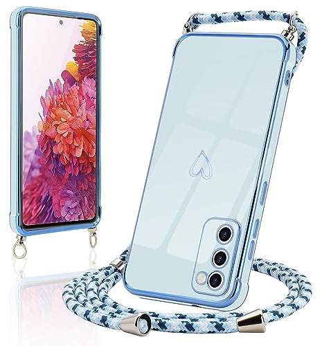 Micoden Handykette für Samsung Galaxy S20 FE 4G/S20 FE 5G Hülle mit Band | Necklace Handyhülle Kameraschutz Herz Love Design Slim Galvanik Silikon TPU Case Kordel zum Umhängen Schutzhülle, Blau