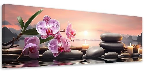 Feeby Bilder Orchidee Spa Zen 150x50 cm 1 tlg Schlafzimmer Modern Vlies Leinwandbilder Bild auf Leinwand Kunstdruck Wand Wanddeko Design Wohnzimmer Büro Flur Hotel Spa Steine Kerzen Wasser Violett