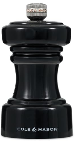 Cole & Mason Hoxton Black Gloss Salt Mill, Compact Salt Grinder with Adjustable Grind, Beech Wood, Non Corroding Ceramic Mechanism,10cm, Seasoning Mill, Lifetime Mechanism Guarantee