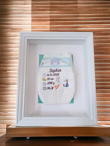 Windel im Rahmen bestickt Bilderrahmen Windel personalisiert Babygeschenk Geburtsgeschenk