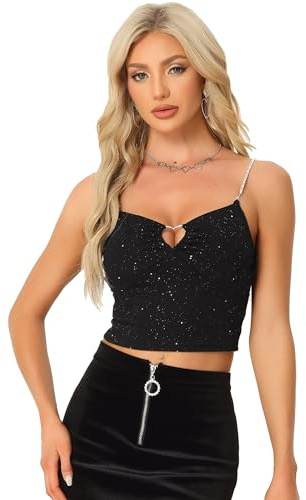 Allegra K Damen Glitzerndes Pailletten Trägertop mit Cut Out | Stretchiger Stoff mit Herzsequin Details Besetztes Design Ideal für Festivals Urlaub Tanzen