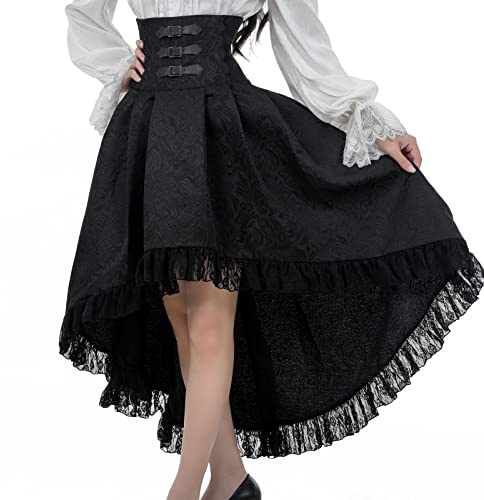 Fiamll Falda estilo steampunk gótica para mujer, falda pirata victoriana de cintura alta con volantes, Negro , L