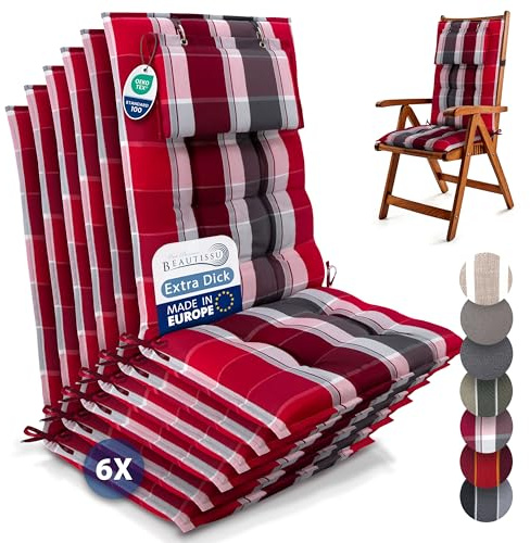 Beautissu 6er Set Premium Hochlehner Auflage mit Kopfpolster rutschfest | 120x50cm 8cm dick Rot Anthrazit gestreift Polster Gartenstuhlauflage mit Befestigungsbändern UV-Lichtechtheit 5 Stoff Sun-HL