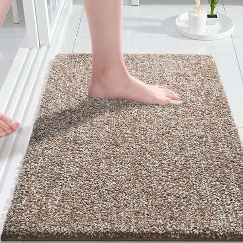 Yimobra Rutschfester Badezimmerteppich Extra weich und bequem Wasserabsorbierende, Dicke und maschinenwaschbare Badematte Flauschig für Dusche und Badewanne, Braun&Weiß, 43 x 61 cm