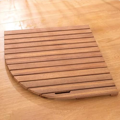 Caillebotis Douche Tapis de Bain en Bois à Lattes en Forme D'éventail, Tapis de Sol Antidérapant Pour Douche, Tapis de Salle de Bain D'angle en Bois Très Résistant, Facile à Transporter et à Ranger(90