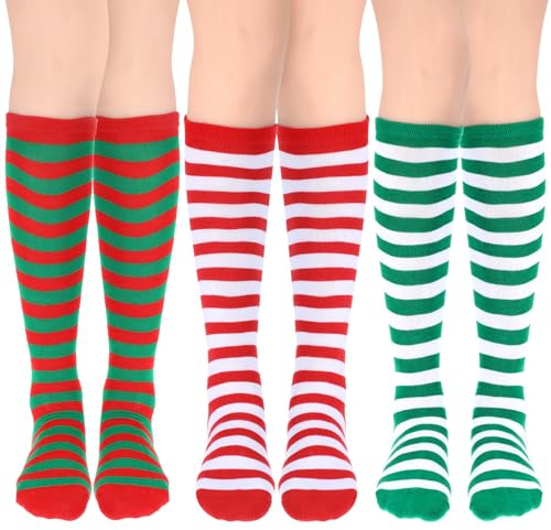 GEEHUA 3 Pairs Striped Socks, Women Knee High Socks Red Green White Stripe Sock Cotton Stockings for Women