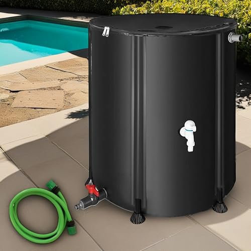 Melko - Serbatoio dell'acqua piovana pieghevole da 380 l con rubinetto, aste di supporto in PVC e tubo dell'acqua da 2 m – Barile per pioggia mobile con protezione da troppopieno e connettore