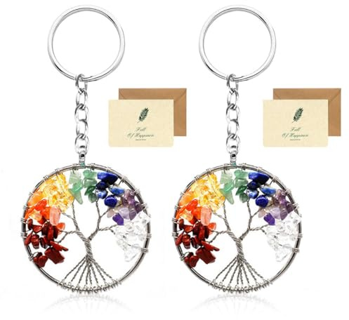 Portachiavi Albero Della Vita, 2 Bello Tondo 7 Chakra Cristallo Curativo Albero Della Vita Portachiavi Auto Portachiavi Portafortuna per le Donne con una Carta per Coppia Amante Madre 2 Amici