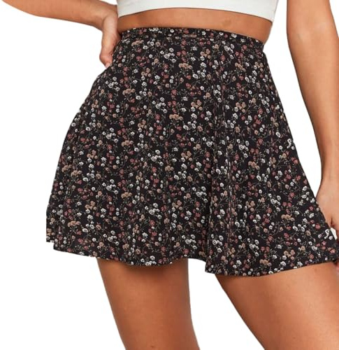 EMOTTOS Falda Corta de Gasa Acampanada para Mujer, Boho Mini Falda Skater Plisada de Cintura Alta con Estampado Floral y Cremallera Invisible, Falda Floral Dobladillo Acanalado, Negro, L