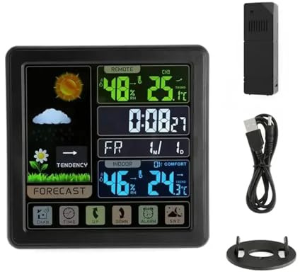 OUTFYT Station météo sans Fil en Bois, réveil, thermomètre numérique, humidité, température, capteur sans Fil, Montre for la Maison et Le Bureau,Station MéTéO Multifonctionnelle(Zwart)