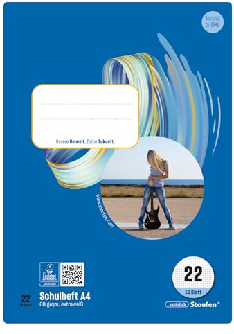 Style Schulheft - 10 Hefte à 16 Blatt, DIN A4, 80 g/m², kariert 5 mm | Lineatur 22, hochwertiges Papier, ausgezeichnet mit dem EU Ecolabel, praktische Details