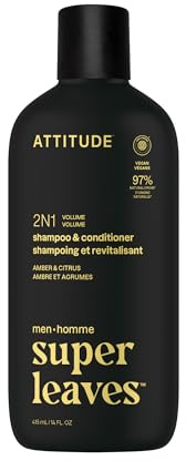 ATTITUDE Shampooing & Après-Shampooing 2 en 1 pour Homme, Volume, Cheveux Fins, Ingrédients d’Origine Naturelle, Végane, Protéine de Riz & Romarin, Parfum Ambre & Agrumes, 415 mL