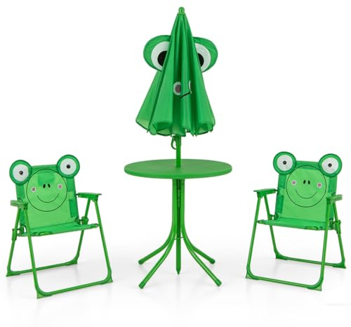 DREAMADE Table Enfant avec 2 Chaises,Table de Pique-Nique Pliable avec Parasol Détachable et Ajustable,Pieds Antidérapants,Ensemble Salon de Jardin Enfant 4 pcs Charge 75 kg (Vert+Grenouille)