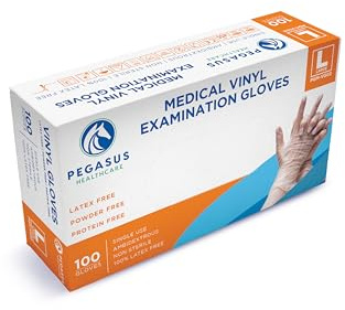 Pegasus Healthcare Clear Vinyl Disposable Gloves – Powder-Free, Latex-Free, Ambidextrous – Non-Sterile Food Safe Gloves for Home, Medical, Cleaning, Tattoo, Salon – Box of 100 LARGE