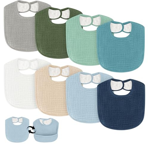COMFYROLL Drool Bibs for Baby Boys & Girls, 8 Pack Muslin Baby Bibs for Drooling and Teething with Hidden Pocket, Soft Cotton, Extra Absorbent, Mess-proof, for Toddler, Newborn, Infant
