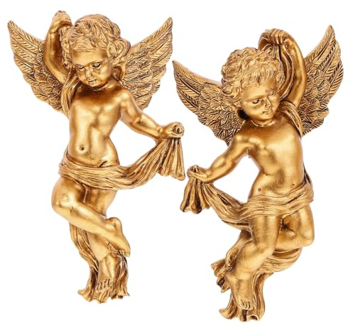 Ipetboom Ángel de Pared de Resina Dorado, 2 Piezas, Adorno Decorativo | Acabado Fino y Bonito, Resistente al Desgaste Roturas, para Dormitorio o Tienda