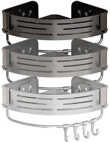 Andreas Dell SANIDELL Duschablage ohne Bohren – 1er Set Eckregal Aluminium rostfrei, Duschregal mit 4 Haken, Badezimmer Organizer für Shampoo & Duschgel