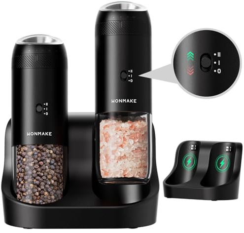 WONMAKE Gravity Electric Salt and Pepper Grinder Set with Charging Base, Automatic Salt and Pepper Mill, 6-Level Adjustable Coarseness, Dual Speed, and Large 5.95oz Capacity