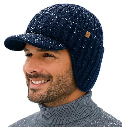 TOP-EX DryKnit Wasserdichte 80% Merinowolle, Schirmmütze für Herren, mit Ohrenklappen & Fleece gefüttert, Winter-Thermo-Golfvisier, Beanie-Mütze für kaltes Wetter, M-XXL
