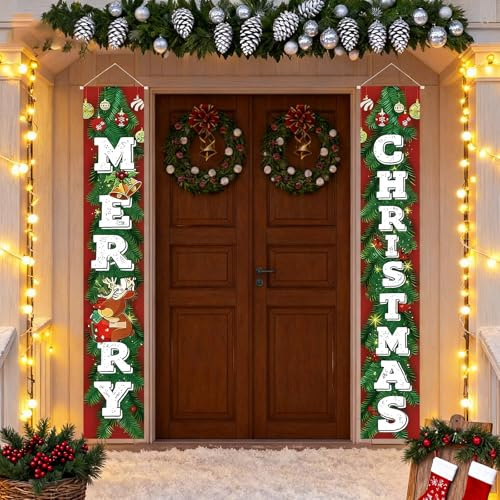 2 carteles de Navidad para porche o porche, banderines de Navidad, pancartas rojas para colgar en la puerta, puerta de casa, porche.