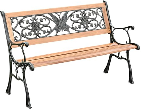 Banc De Jardin Exterieur Banquette De Parc Avec Dossier Et Accoudoirs 126x45x79cm Banc De Terrasse En Bois Banquette De Porche Mobilier Pour Amenagement Résistant Aux Intempéries(Natural Butterfly)