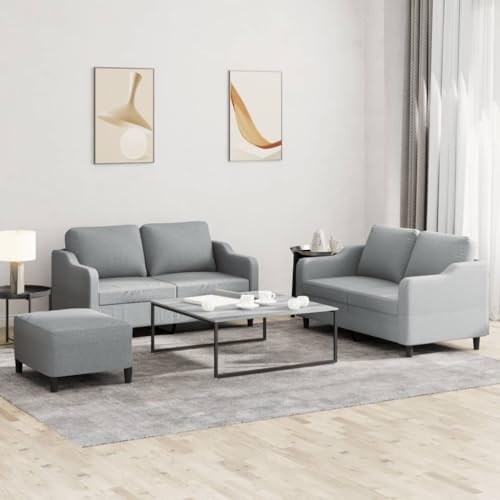 QUAHEAS 3-TLG. Sofagarnitur Hellgrau Stoff, 2X 2-Sitzer Sofa & Fußhocker mit Kissen, Robustes Metall-Gestell, Bequeme Polsterung für Wohnzimmer Möbel