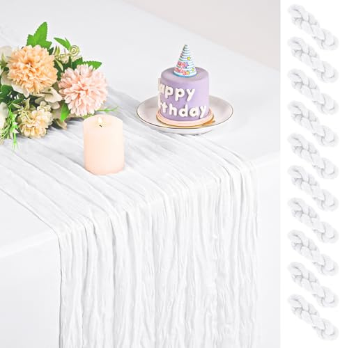 Teruntrue 10-pack vit ostduk bordslöpare 43 x 258 cm, boho gasväv ren tyg ostduk bordslöpare för bröllopsfest möhippa födelsedag heminredning trädgård bondgård