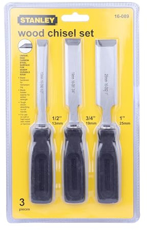 STANLEY 16-089 3-delat trämejselset med rostskyddsegenskaper för att forma och skära träytor – 1/2 x 7 3/4,3/4 x 7 3/4,1 x 7 3/4, grå och svart (tillverkad i Singapore)