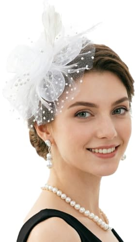 DRESHOW Fascinators Hat Flower Mesh Ribbons Feathers on a Headband and a Clip Tea Party Headwear for Girls and Women