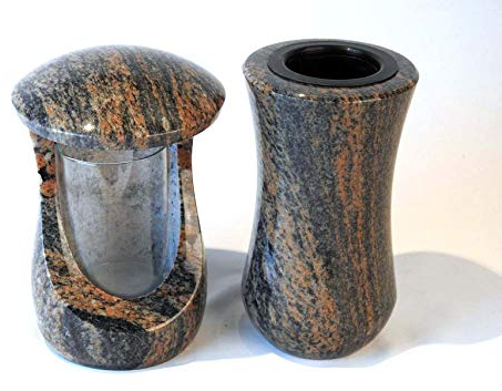 designgrab Grablampe Cerres und Grabvase Atria aus Granit Gneis Halmstad, Grabschmuckset