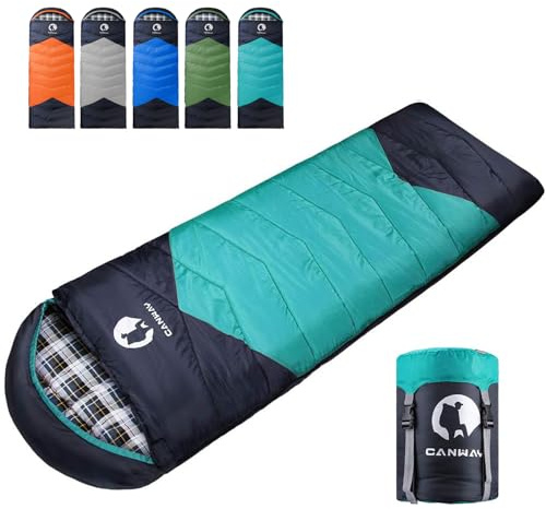 CANWAY Flannel Sleeping Bag for Adults Mens Kids Sleeping Bag for Camping Backpacking Cold Warm Weather with Compression Sack Cyan