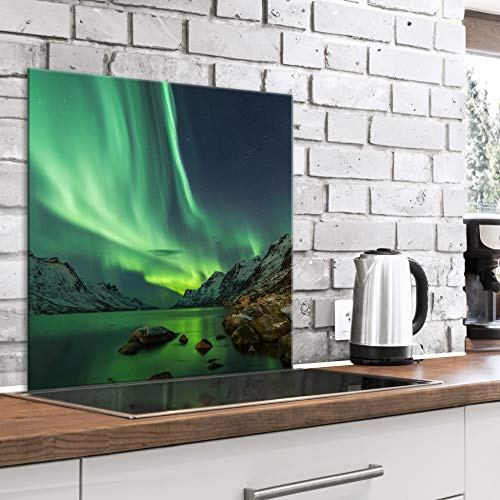 murando Glass Splashback for Kitchen Backsplash Cooker Protector Tempered Glass Decorative Wall Art Panel Heat Resistant Graphic 60x60 cm / 24x24 Aurora Panorama Island c-B-0516-aq-a