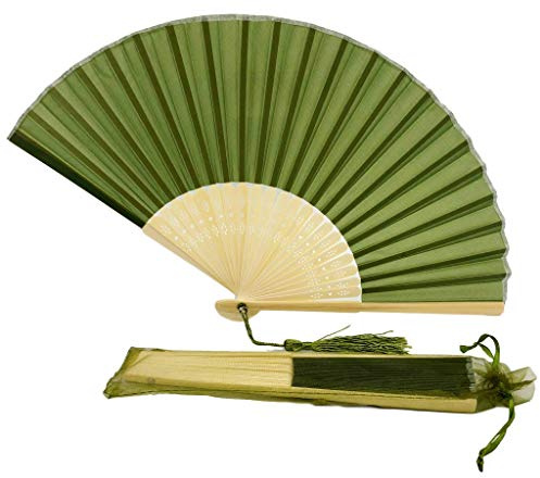 FANSOF.FANS Fabric Handheld Folding Hand Fan With a Tassel Grade A Bamboo Ribs for Women Girls Summer Party Event Favour Birthday Wedding Souvenir Gift (Moss/Olive Green)