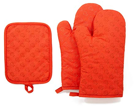 Chef Pomodoro Set Presine e Guanto da Cucina, Confezione da 2 Guanti da Forno e 1 Presina Resistente al Calore, Presine da Cucina con Dettagli in Silicone Antiscivolo, Per Forni e Griglie (Arancione)