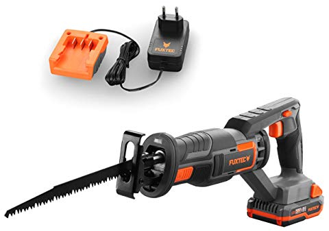 Sierra de sable a batería 20V FUXTEC FX-E1SS20 – con batería de 2.0 Ah y cargador de 1A – incl. 1 cuchilla, carrera de corte 220mm – sin cable - velocidad máxima 3.000rpm